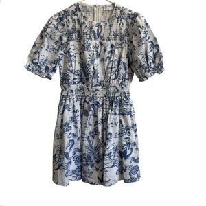Storia Smocked Toile Mini Dress Women's‎ S Puffy Sleeves Blue & White Prairie